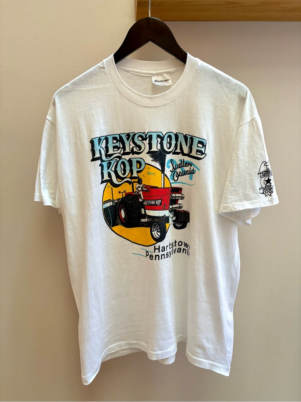 Keystone Kop VTG late 80s white tractor graphic T-shirt L/XL Stedman Made in USA